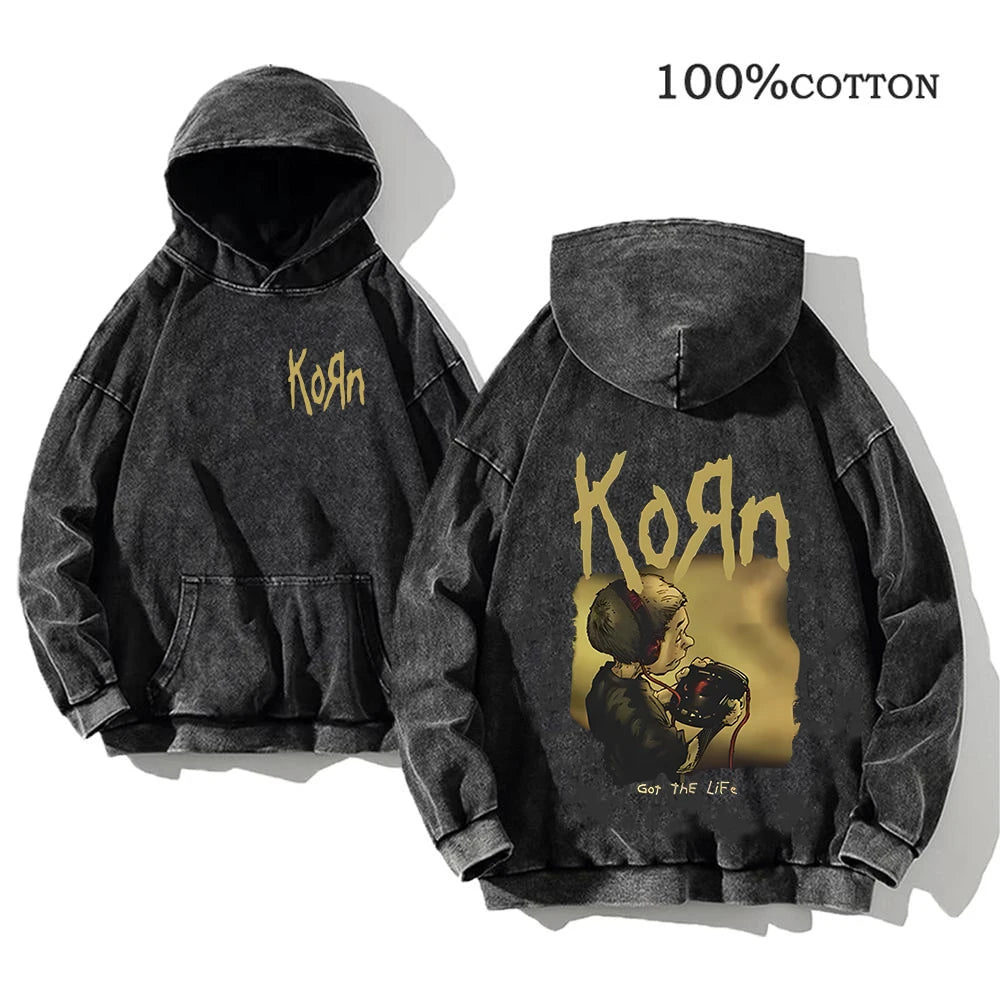 Korn Rock Band World Tour Hoodies Vintage Washed Men's  Y2K, different models